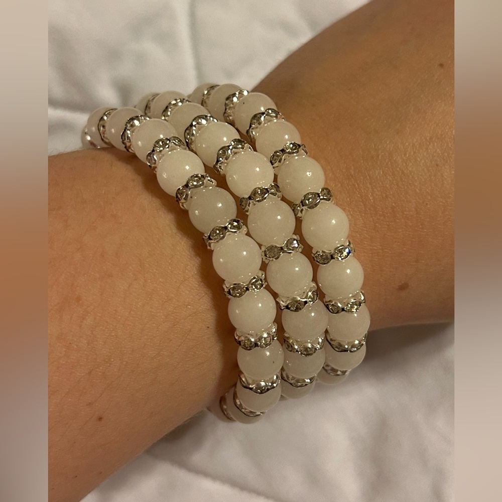 Set of 3 Handmade Stretchy White Chalcedony Bracelet